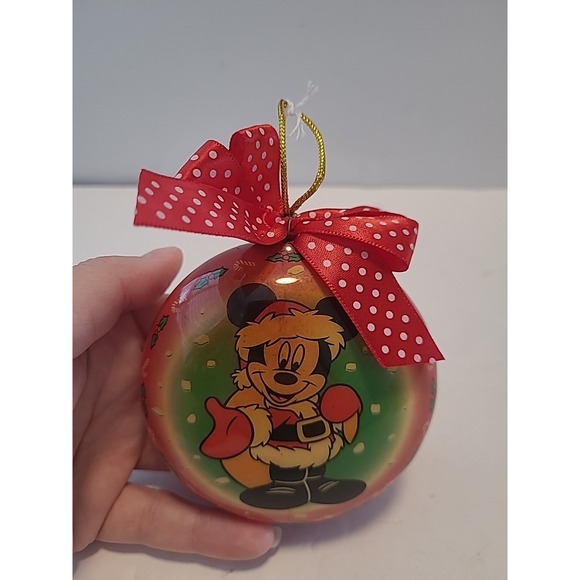 Vintage Santa Mickey Mouse Christmas Ornament Round Red Polka Dot Bow - Picture 2 of 4